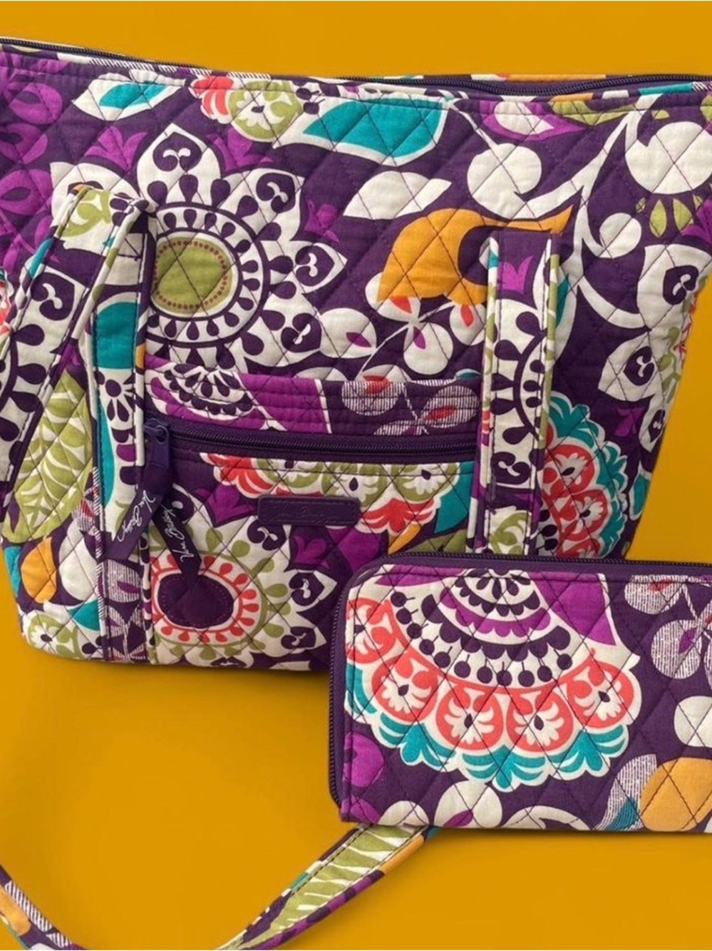 Vera Bradley retired Floral Handle purse bag with matching wallet in Plum Crazy